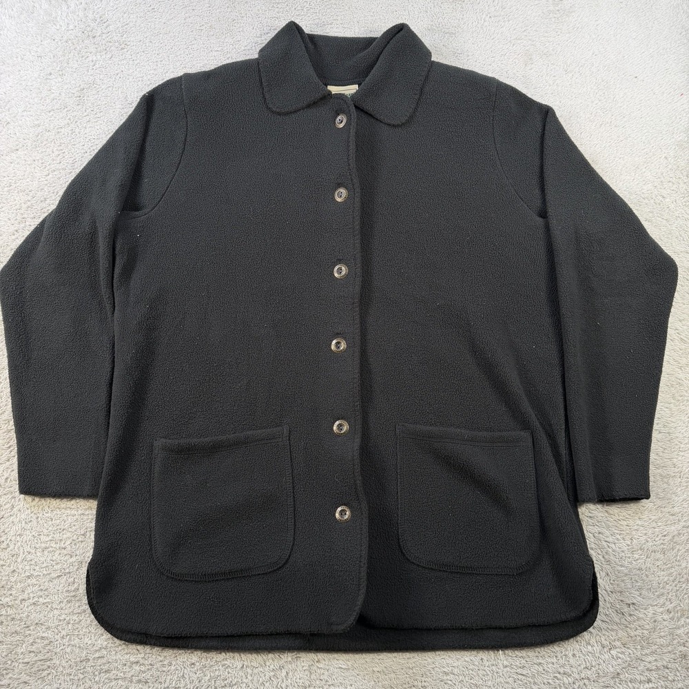 LL Bean Cardigan Womens Medium Black Fleece Button Front Collared Sweater Jacket